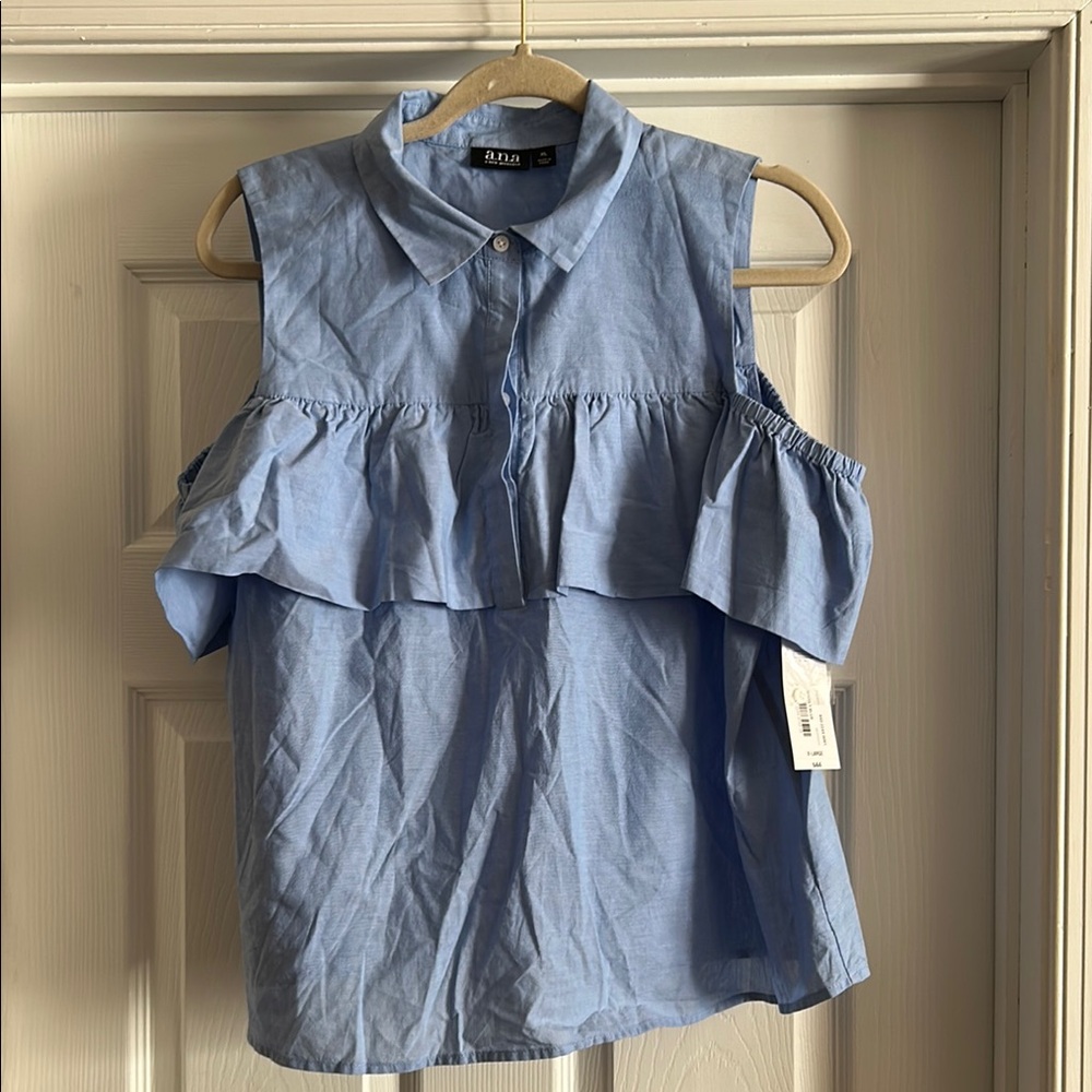NWT Ana Blue Ruffled Cold Shoulder Top